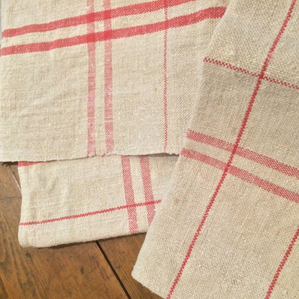 画像2: ビンテージ リネン古布 (D)／ナチュラルXレッド (2)