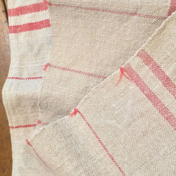 画像5: ビンテージ リネン古布 (D)／ナチュラルXレッド (5)